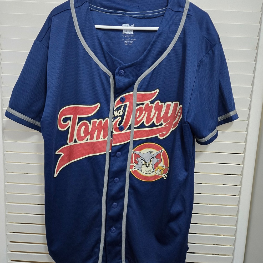 Tom and Jerry Baseball Jersey Navy Blue Graphic Button Up Shirt XL